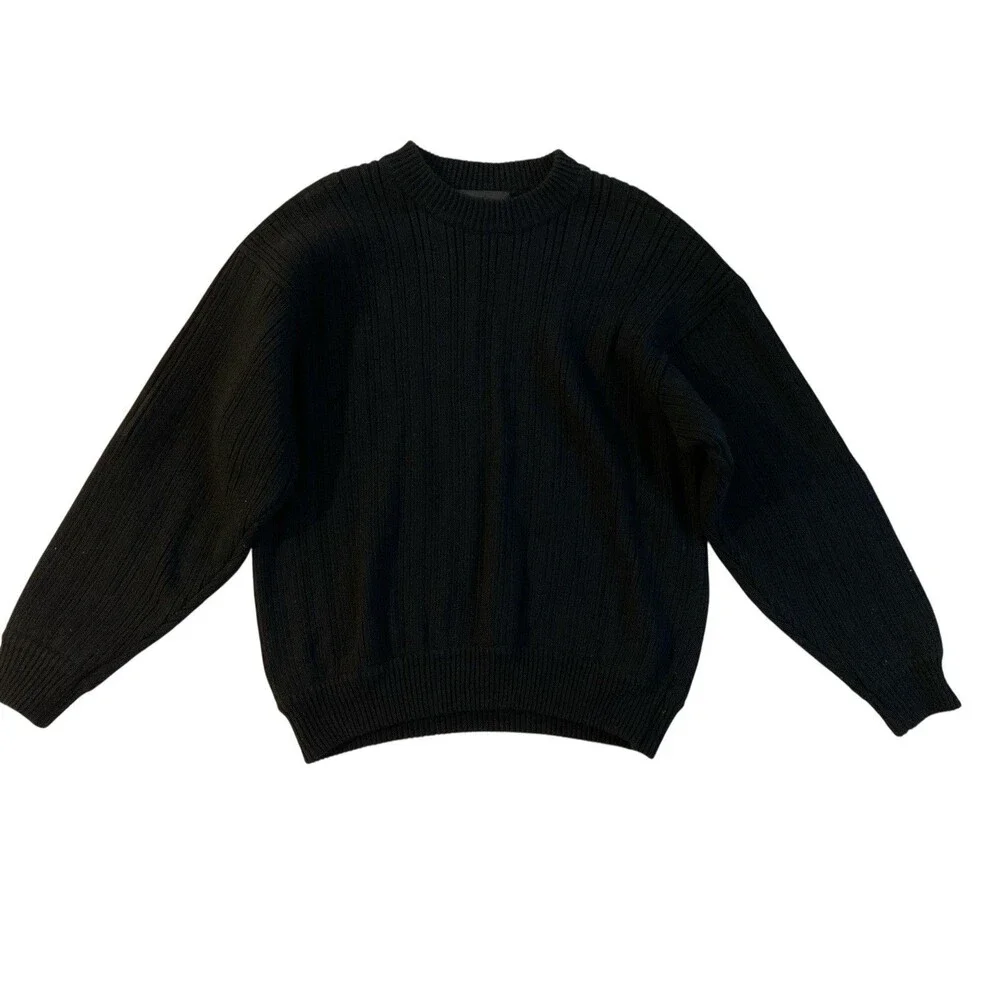 Privata Black Ribbed Knit Sweater Size L Made in Spain Suede Leather Trim - Picture 6 of 6